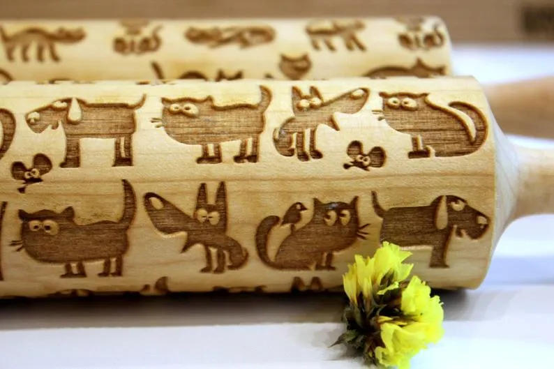 Engraved Embossing Rolling Pin Funny CAT & DOG Christmas Gift,  Textured Cookie, Clay Stamp, Pottery Roller