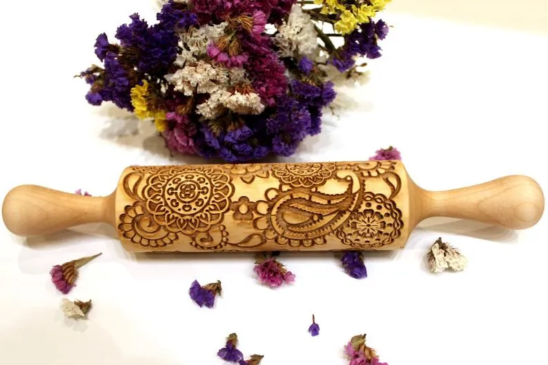 FLOWERS FLORAL PAISLEY Embossed Rolling Pin,Clay Stamp,Textured Cookies,Christmas Gift