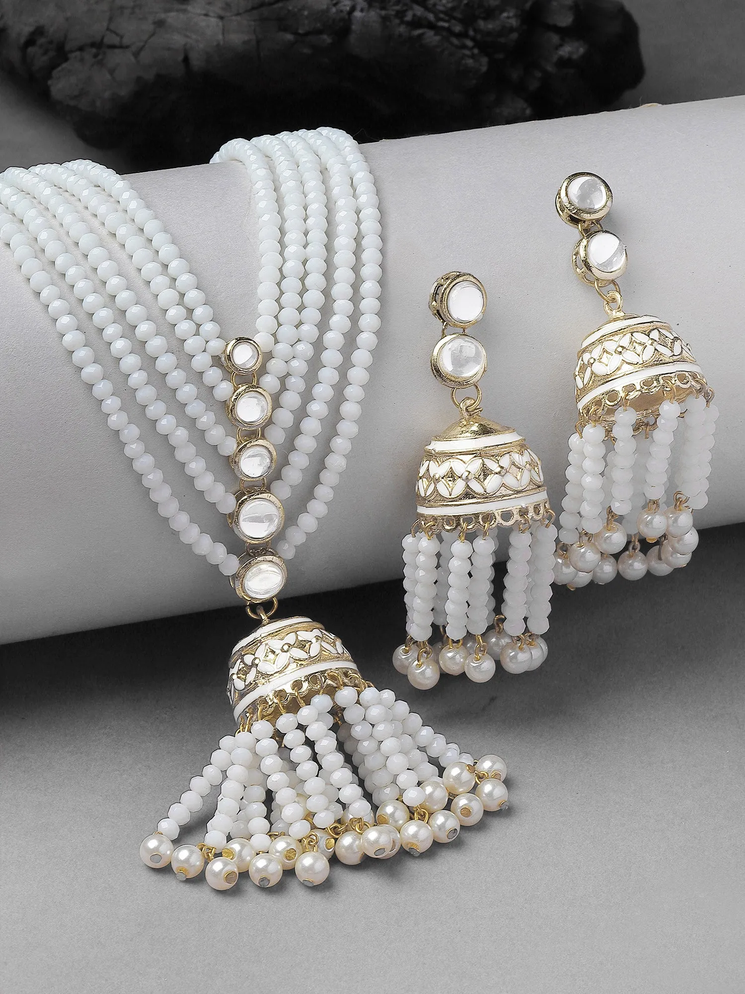 Karatcart White Opaque Crystal Gold Plated Kundan Rani Haar Necklace Set for Women